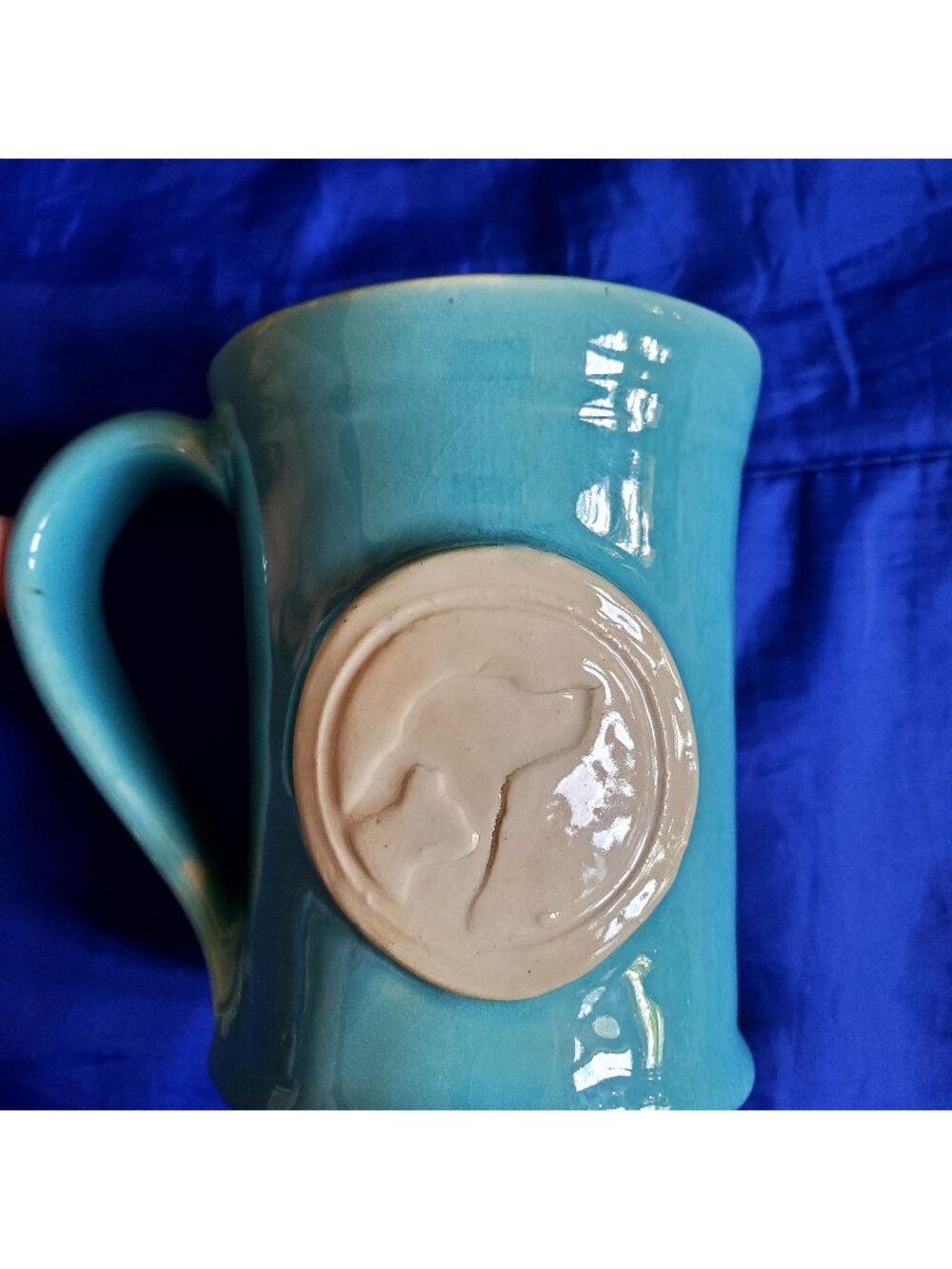 VTG Studio Pottery Dogs Mug Teal 9oz Handmade Folk-Art desk caddy Signed READ!